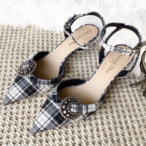 Dior Shoes - Christian Dior Plaid Black & White Slingback Heels
